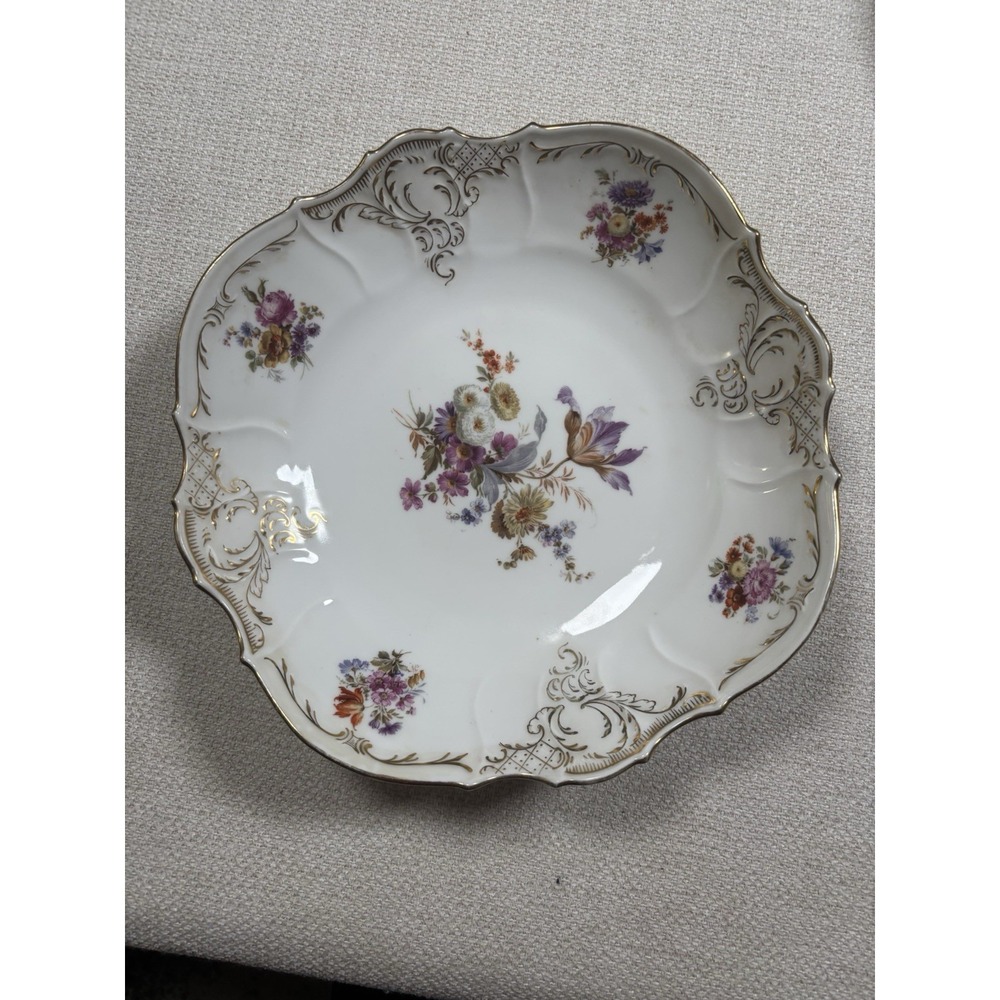Antique Saxe German Porcelain Bowl Scalloped Edge Floral Gold Trim 8.5"